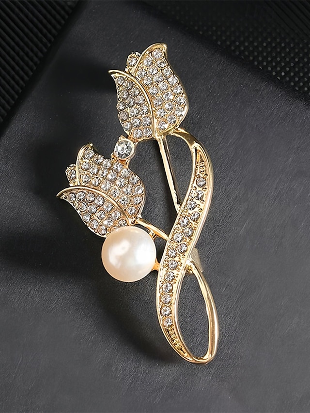  Damen-Strass-Tulpenblumenbrosche mit Perlenverzierung, elegante Anstecknadel aus Metalllegierung für Bürojacken, Kleider, Hochzeiten und formelle Anlässe