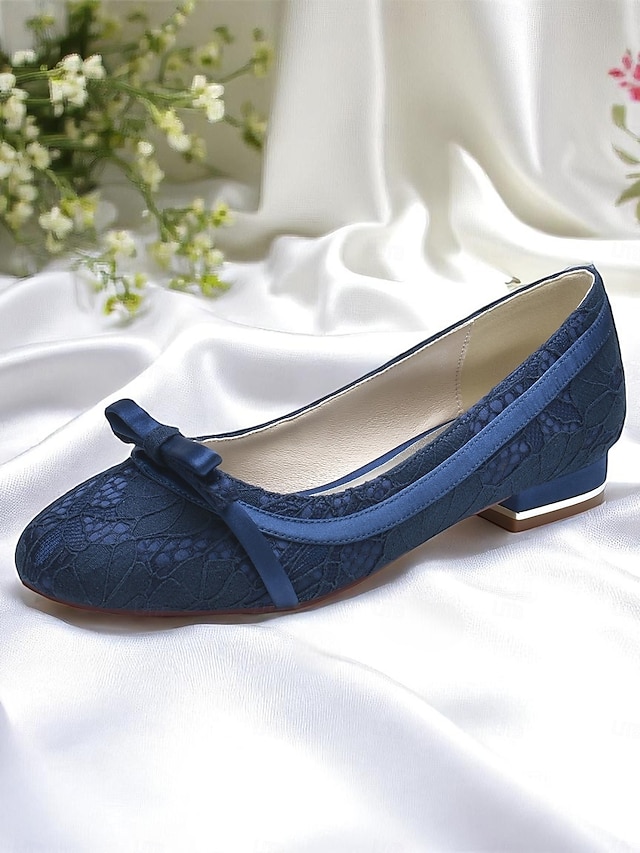  Ballerines en dentelle blanche pour femme avec nœud – Chaussures de mariage à talon bas pour mariée ou demoiselle d'honneur