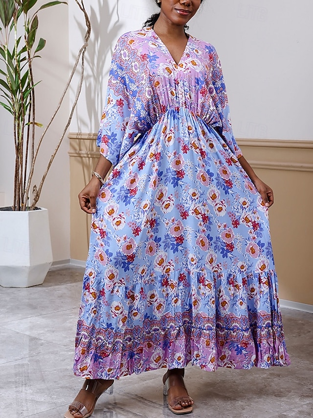  Damen Langes Kleid Maxikleid Freizeitkleid Schwingkleid Boho-Kleid Westernkleid Elegant Mode Romantisch Outdoor Urlaub Party Normale Passform Blume Langarm V Ausschnitt Blau Frühling Herbst