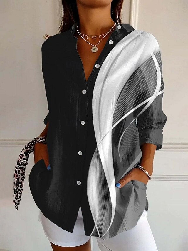 Women's Shirt Geometric Active Daily Stylish Long Sleeve Shirt Collar Regular Tops Daily Holiday Buttons Print Black White Spring Fall4