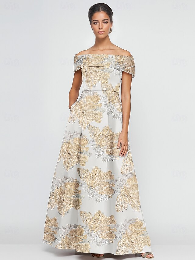Jacquard Brocade Floral  A-Line Evening Gown Elegant Dress Formal Wedding Floor Length Short Sleeve Off Shoulder Pocket Nylon with Slit Pocket4