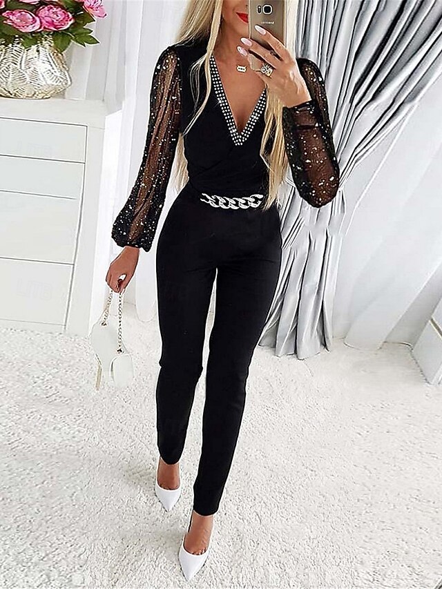 Women's Normal Jumpsuit Active Solid Color Long Sleeve V Neck Mesh Patchwork Vacation Street Regular Fit Black Summer4