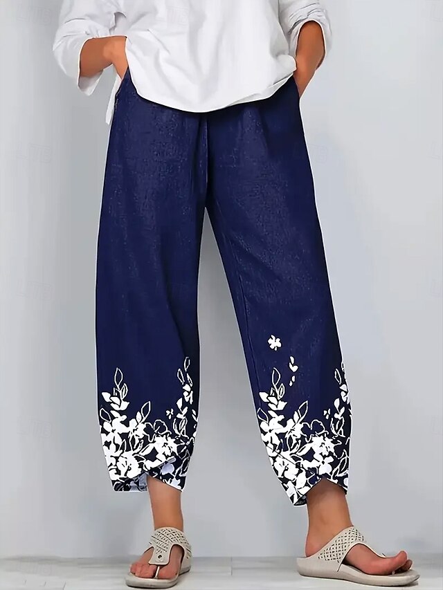 Women's Chinos Baggy Pants Vacation Vintage Ethnic Style Ankle-Length High Waist Floral Graphic Gradient Drawstring Patchwork Printing Breathable Micro-elastic Vacation Street Causal Deep Blue Summer4