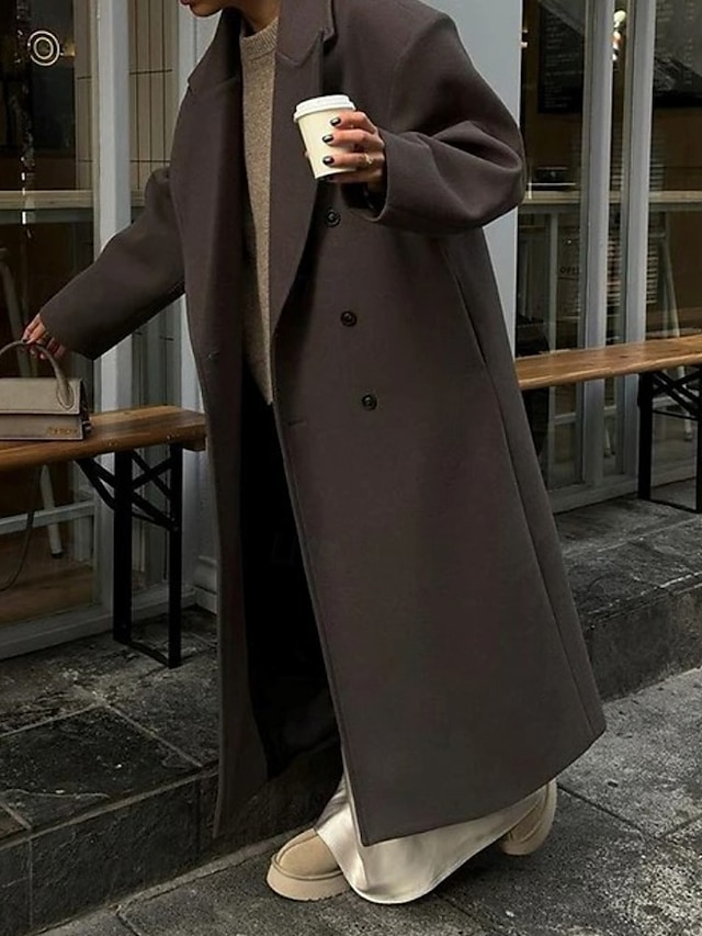  Dam Kappa Håller värmen Bekväm Ficka Knappar Mode Slät Utekväll Helgen Dubbelknäppt Lång Nedvikt Normal Långärmad Ytterkläder Kaffe Höst Vinter