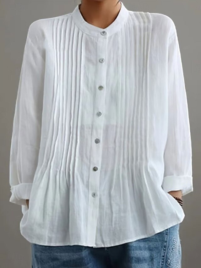 Women's Blouse Solid Color Elegant Casual Long Sleeve High Neck Regular Tops Daily Holiday Buttons Black White Yellow Red Blue Summer Fall4