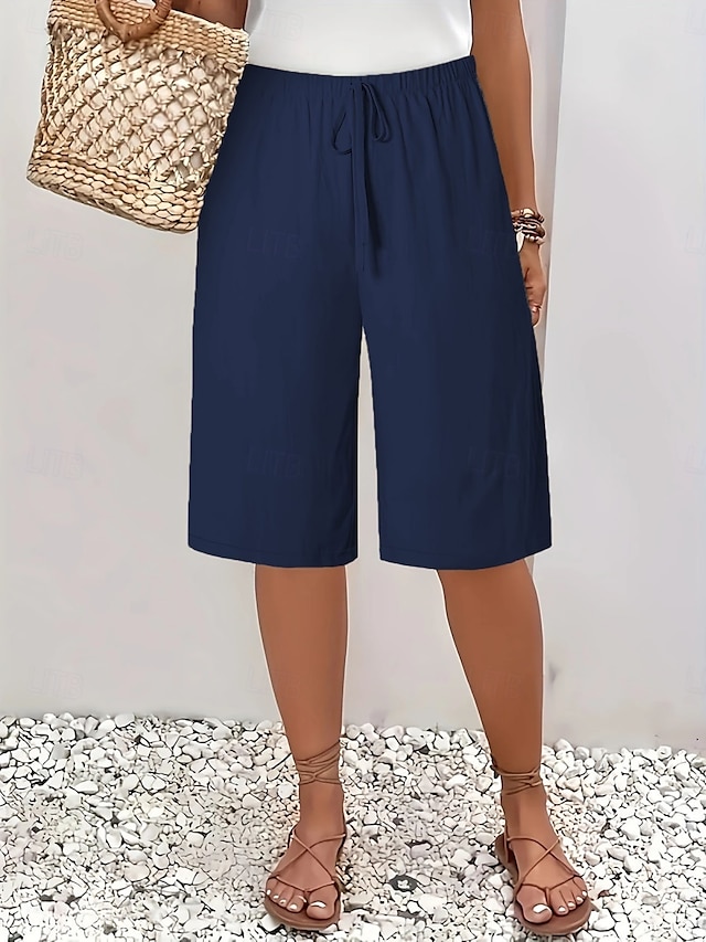  Mulheres chinês Bermudas Férias Moda Básico Comprimento do joelho Cintura Alta Tecido Bolsos Cintura elástica Confortável Macio Micro-Elástica Ao ar livre Rua Verde Militar Azul marinho Preto Branco