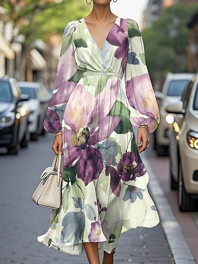  Women's Midi Dress Casual Dress Print Dress Elegant Fashion Outdoor Party Holiday Regular Fit Flower Long Sleeve V Neck Pink Blue Purple Summer Spring