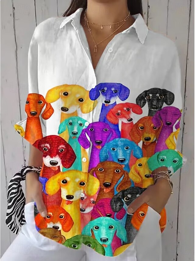 Γυναικεία Μπλουζάκι Κουμπί Κάτω Τουνίκ Shirt Γιακάς Μακρύ Μανίκι Ombre Σκύλος Ενεργό Γλυκό Καθημερινά Κανονικά Μπλουζάκια Εργασίας Εκτύπωση Μαύρο Άσπρο Ροζ Μπλε Πράσινο Άνοιξη Φθινόπωρο