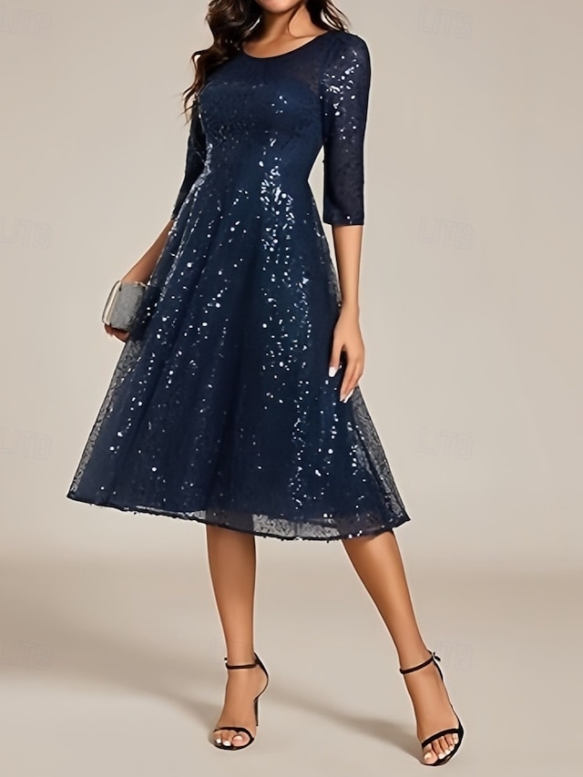  A-Line Wedding Guest Dresses Elegant Dress Wedding Guest Homecoming Knee Length Half Sleeve Crew Neck Sequined with Pleats Sequin