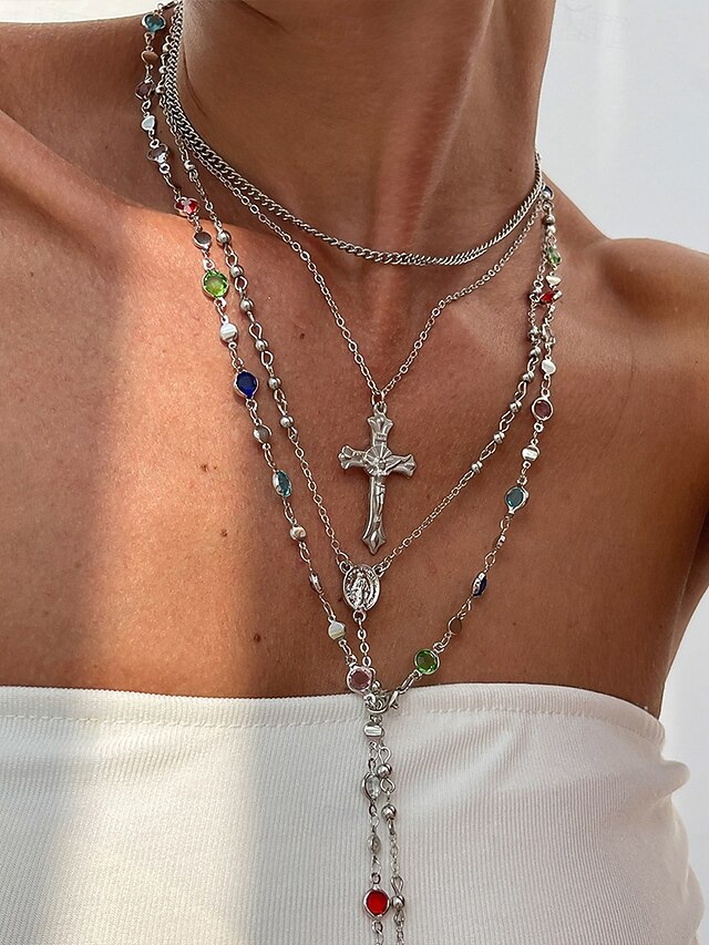  Collier pendentif croix multicouche en or et argent pour femme avec perles multicolores - bijoux religieux à la mode pour un usage quotidien, des sorties décontractées et des occasions spéciales