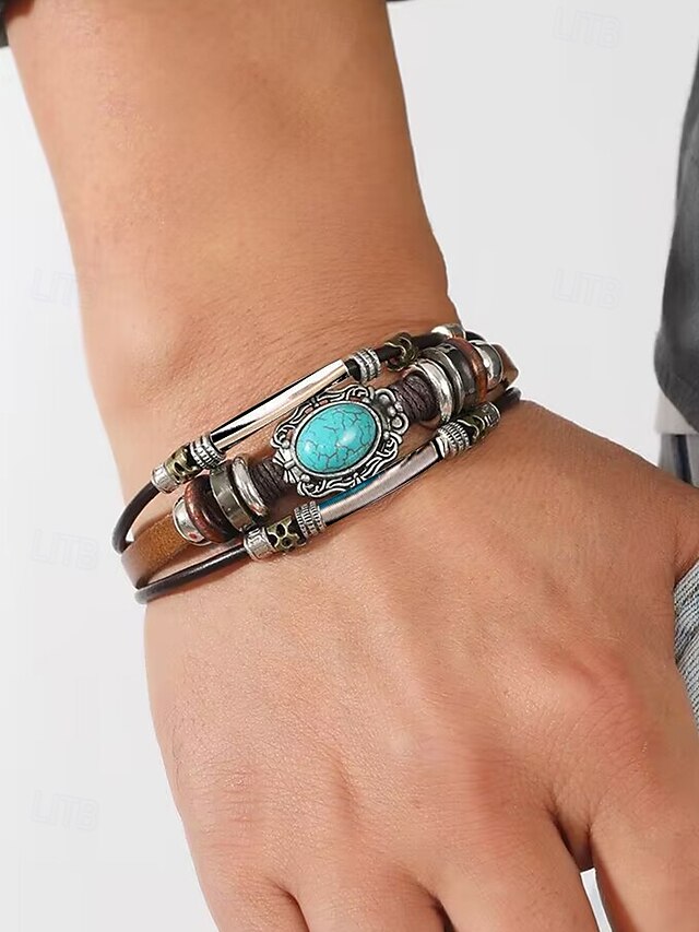  Türkisfarbenes Lederarmband für Herren mit Totenkopf und Metallakzenten, Bohème-Western-Stil, perfekt für die Freizeit und den Alltag