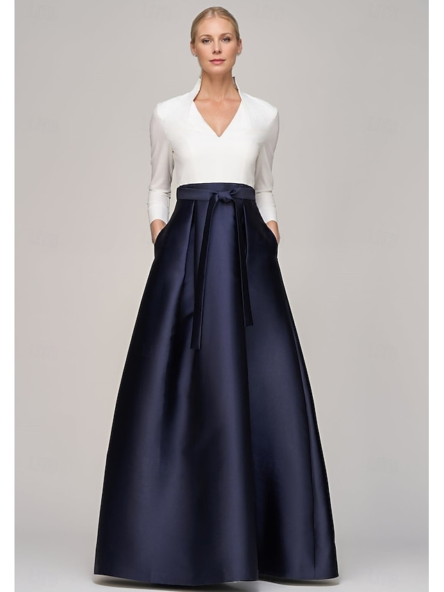  Robe de soirée en A noir et blanc élégante robe formelle invitée de mariage longueur de sol manches longues décolleté en V satin avec poches et nœud(x)