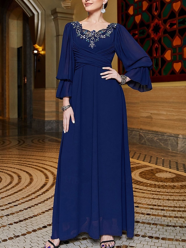  Abito A-Line Madre della Sposa Elegante Scollatura Quadrata Lungo Chiffon Maniche Lunghe con Pieghe in Pizzo
