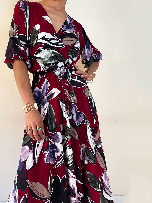 MOKBAY Robe Longue Femme Élégante Soirée Fleurie Manches Courtes Col V D'Été