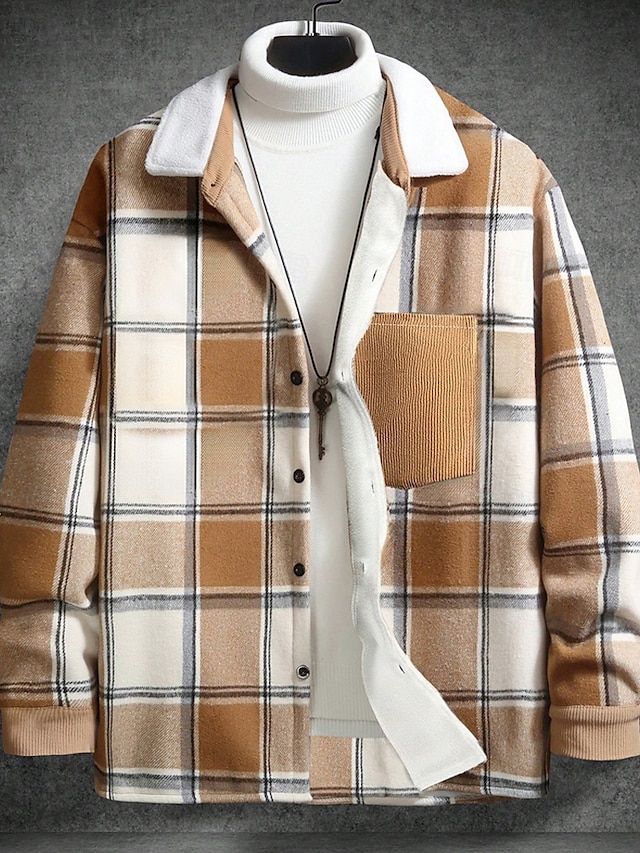  Homens jaqueta leve Jaqueta de Camisa Jaqueta casual Cabana Férias Diário Respirável Bolsos Primavera Outono Xadrez Moda Clássico Lapela Padrão Preto cáqui Casaco