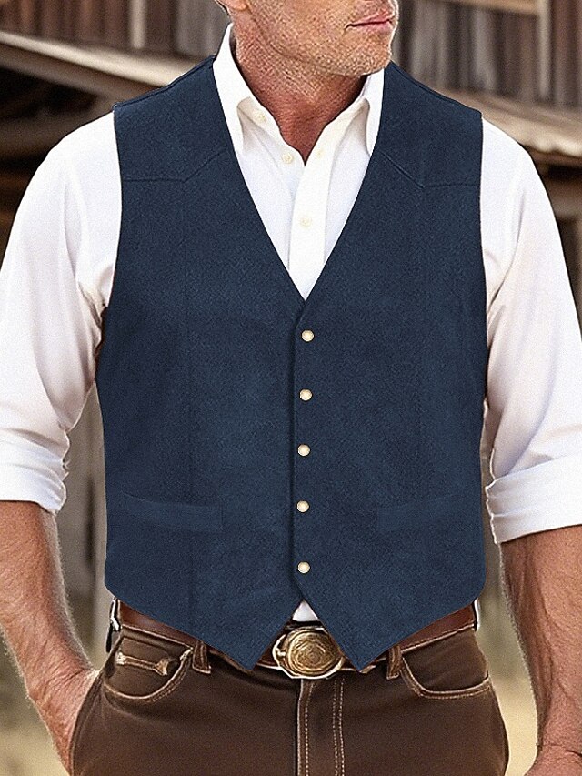  Men's Faux Suede Vest Vest Gilet Suede Vest Outdoor Daily Vintage Spring Fall Pocket Buttons Polyester Comfortable Plain Single Breasted One-button V Neck Regular Fit Black Champagne Navy Blue Dark