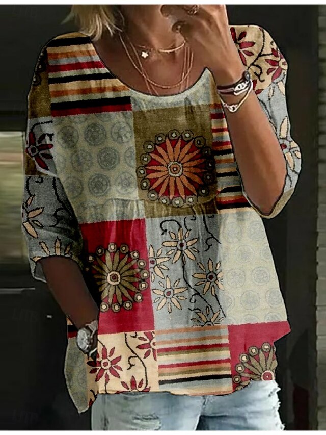 Women's Blouse Geometric Color Block Retro Vintage Ethnic 3/4 Length Sleeve Crew Neck Regular Tops Daily Holiday Print Wine Green Summer4