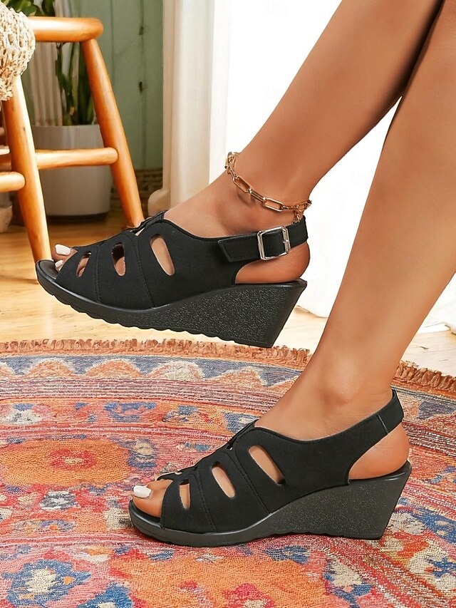 Women's Peep Toe Cutout Wedge Sandals, Adjustable Buckle Comfort Shoes for Work, Casual Outings and Travel4