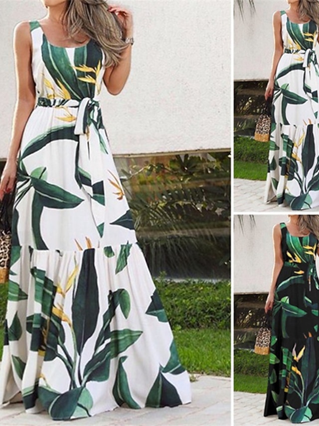  Damen Langes Kleid Maxikleid Freizeitkleid Schwingkleid Sommerkleid Unterkleid Elegant Mode Modern Täglich Strand Wochenende Normale Passform Blume Ärmellos Rundhalsausschnitt Schwarz und Wei