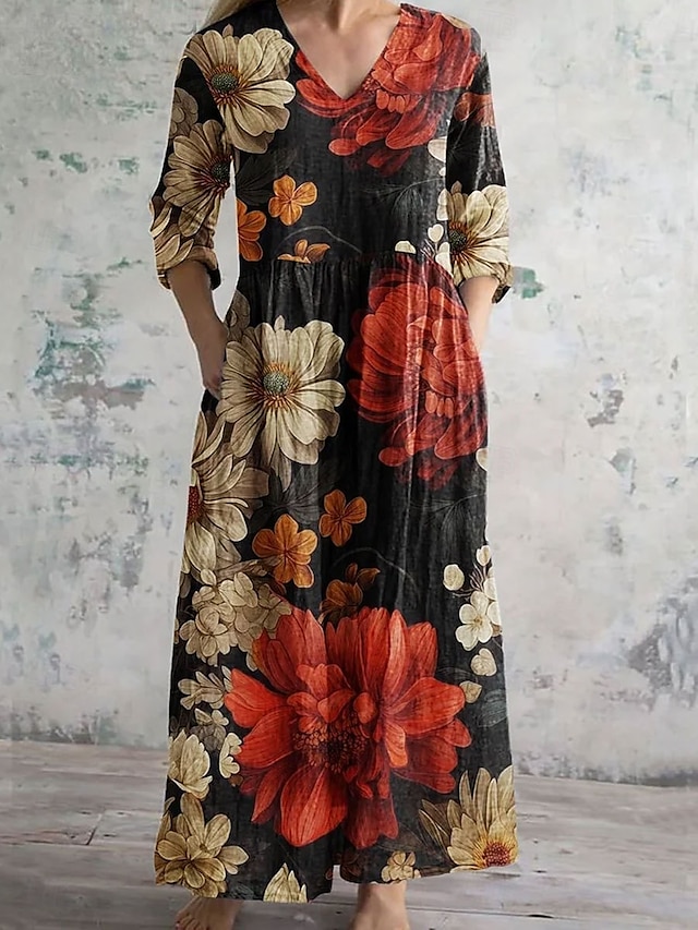  Pentru femei Rochii Midi Rochie A line Casual În aer liber Ieșire Potrivire Largă Floral Grafic Lungime Manșon 3/4 În V Negru Roz Îmbujorat Albastru piscină Portocaliu Vară Primăvară Toamnă
