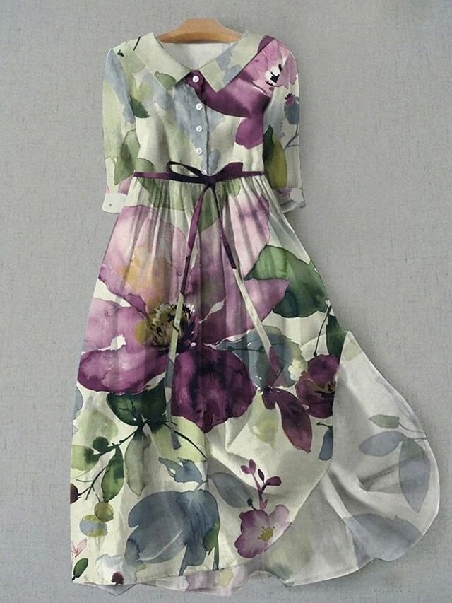 Women's Midi Dress Shift Dress Vacation Casual Boho Daily Holiday Tea Party Regular Fit Floral Graphic Half Sleeve Lapel Pink Purple Orange Green Summer Spring3