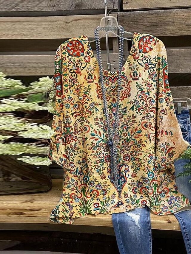 Women's Shirt Floral Stylish 3/4 Length Sleeve Crew Neck Regular Tops Daily Holiday Print Yellow Wine Green Summer4