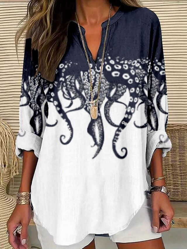 Women's Blouse Graphic Stylish Modern Long Sleeve V Neck Regular Tops Daily Holiday Print Black Blue Summer4