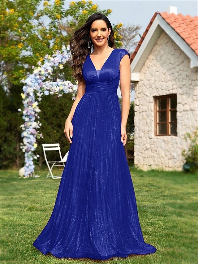  Robe A-Line Quinceanera Élégante Robe Formal Mariage Longueur Totale Sans Manches Décolleté en V Polyester avec Plis Sequin