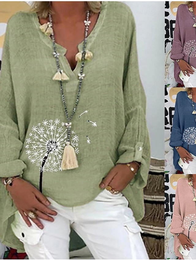  Dames Katoenen linnen overhemden Bloemig Basic Casual Lange mouw Overhemdkraag Normale tops Dagelijks Afdrukken Blozend Roze Marineblauw Fuchsia Groen Zomer Herfst