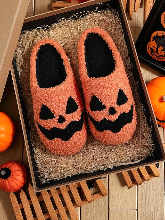  Women's Halloween Pumpkin Face Slippers - Cozy Orange Plush Indoor Shoes with Jack-O'-Lantern Design for Fall Nights,Costume Parties & Gifts