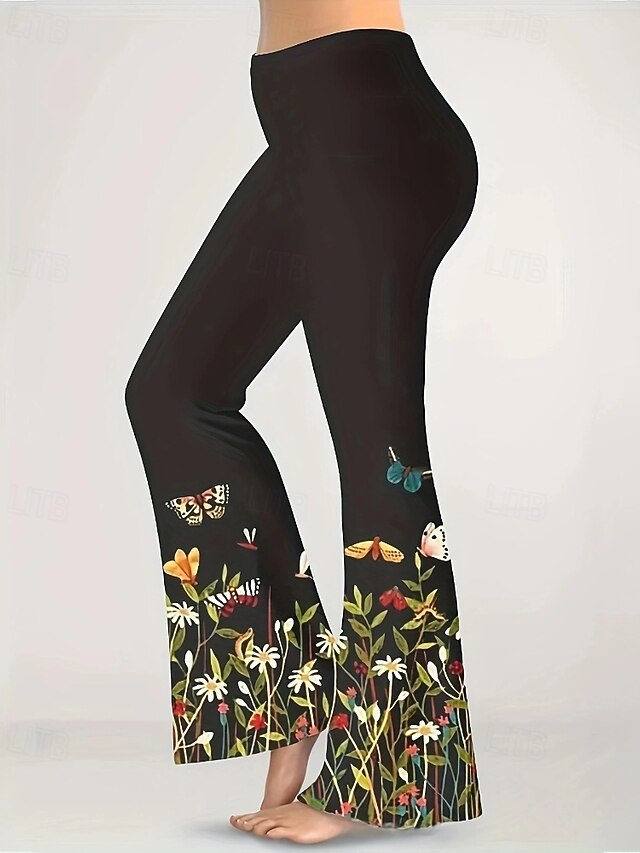 Women's Slacks Anti Chafing Shorts Cozy Leggings Streetwear Casual Full Length Natural Flower Elastic Waist Printing Comfy Outdoor Comfortable Vacation Weekend Black Golden Golden Black Fall Regular4