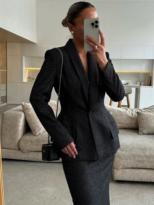  Vestido de mãe da noiva em duas peças com glitter, corte A, blazer peplum, elegante, simples, luxuoso, lapela xale, comprimento até o chão, manga longa com botões 2025