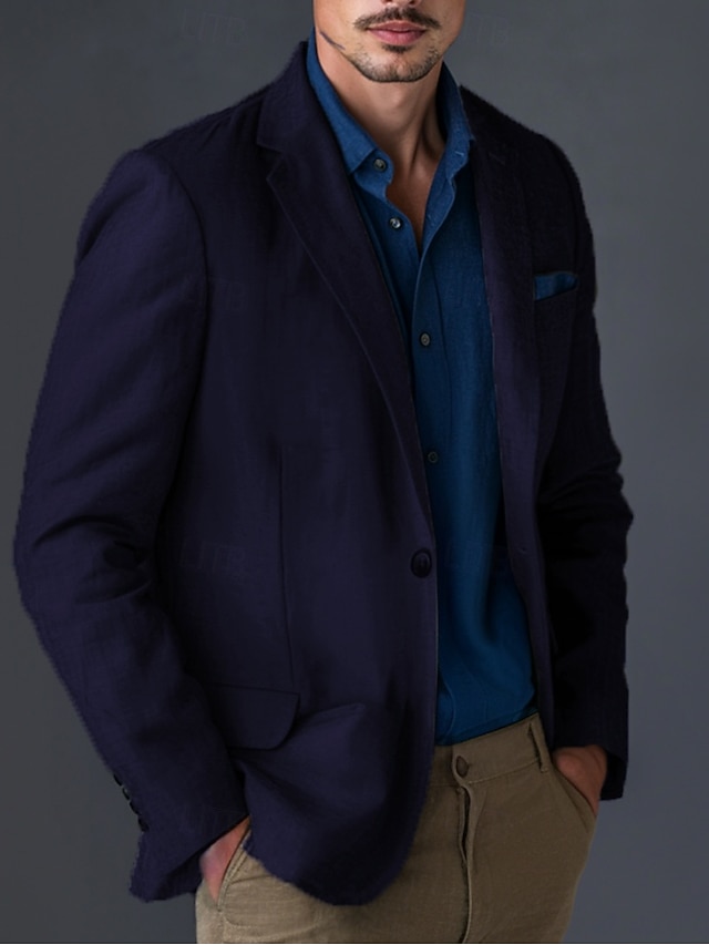  Homme Blazer en lin Manteau de sport Col cranté Mode Occasionnel Couleur Unie Blazer en lin Bleu Vert Véronèse Coupe Standard à boutonnage simple à un bouton
