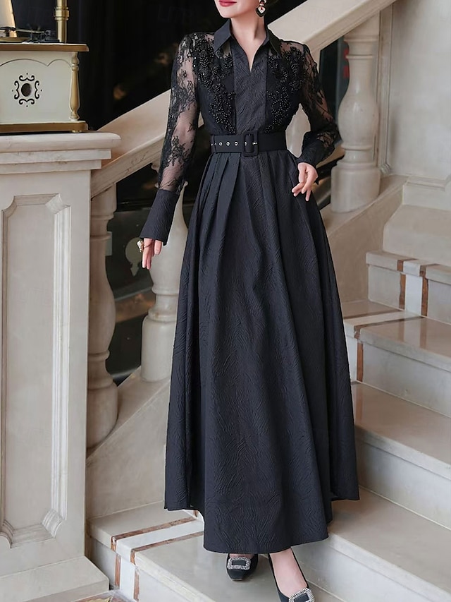  A-Linie Brautmutter Kleid Eleganter Hemdkragen Knöchellang Polyester Langarm mit Spitze Gurt  Band
