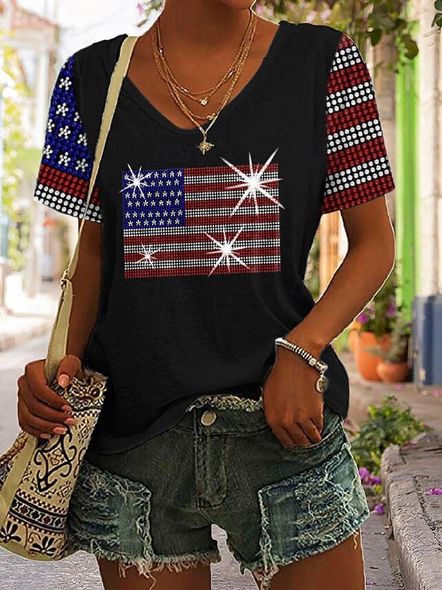 Women's Patriotic  T Shirt Graphic Flag Vintage Stylish Casual Short Sleeve V Neck Regular Tops Daily Print Black White Gray Summer Spring4