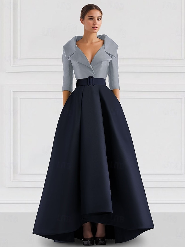  Blue Red A-Line Satin Formal Evening Gown Elegant Fall Wedding Guest Dress Tuxedo Dress Asymmetrical 3/4 Length Sleeve Shirt Collar with Pocket
