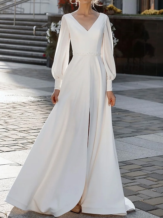  Robes de mariage décontractées A-Line col en V manches longues longueur sol crêpe extensible robe invitée de mariage robes de mariée simples avec ceinture en perles