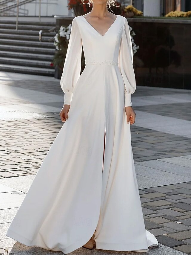 Casual Wedding Dresses A-Line V Neck Long Sleeve Floor Length Stretch Crepe Wedding Guest Dress Simple Bridal Gowns With Beaded Waist Belt4