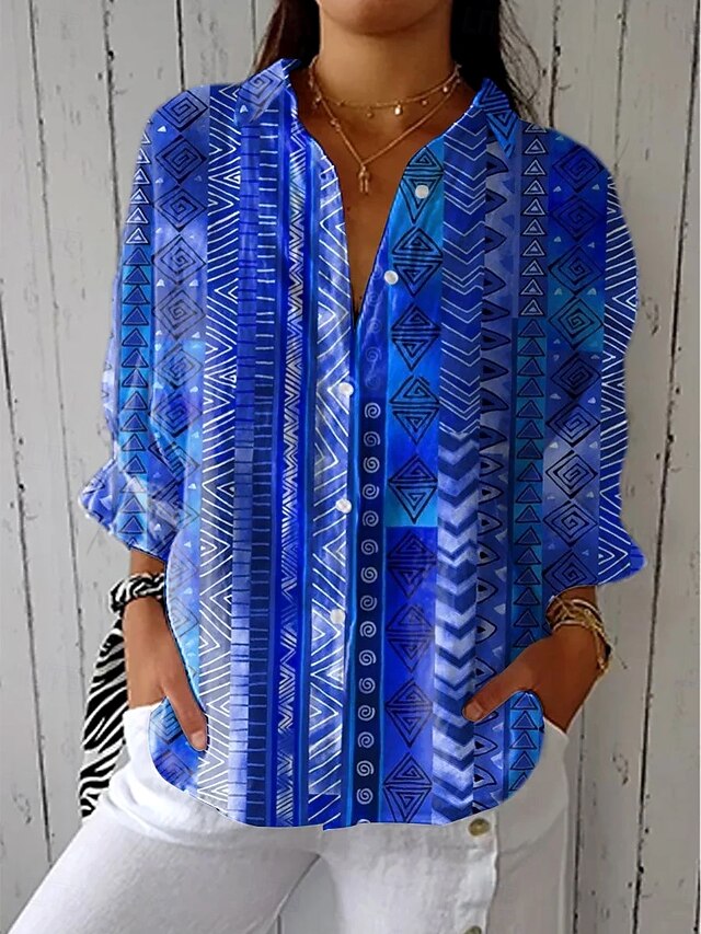 Women's Shirt Button Down Tunic Shirt Collar Long Sleeve Graphic Geometric Paisley Vintage Tropical Daily V Neck Regular Tops Work Daily Holiday s Print Royal Blue Spring Fall4