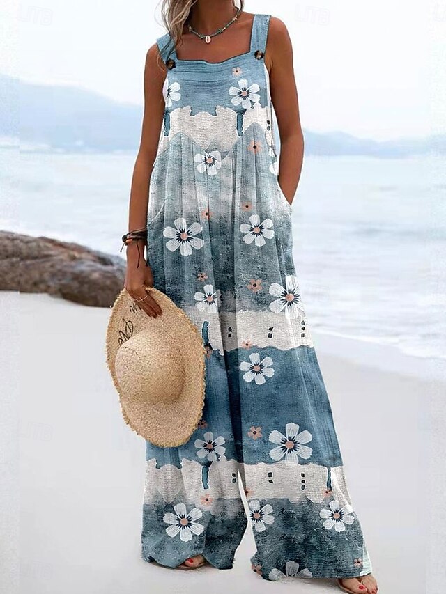  Femmes Combinaison Actif Fleuri Sans manches Jambe large Vacances Rue Coupe Ample Jaune Bleu Gris Été