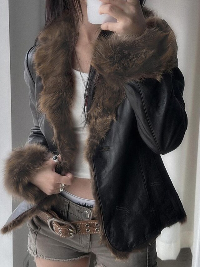  Women's Casual Jacket Warm Comfortable Buttons Fur Collar Fashion Plain Holiday Going out Weekend Single Breasted Regular Turndown Regular Fit Long Sleeve Outerwear Black Fall Winter