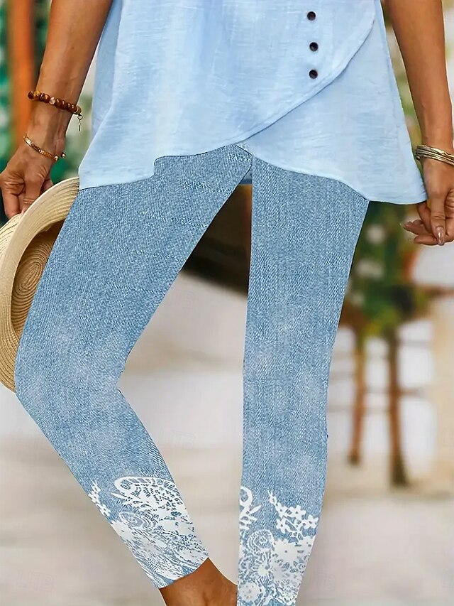 Women's Leggings Vacation Vintage Fashion Ankle-Length High Waist Floral Graphic Gradient Printing Soft Breathable Stretchy Vacation Casual Daily Light Blue Spring Slim Fit4