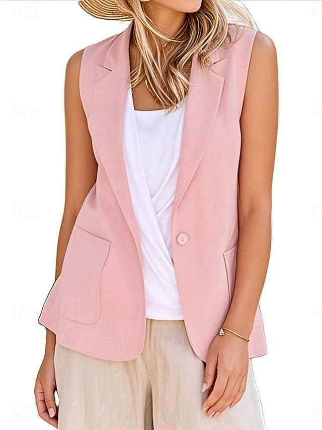  Mujer Chaleco chaqueta Cómodo Transpirable Bolsillo Moderno Casual Plano Oficina Calle Casual Ropa Cotidiana Botonadura Simple Regular Escote en Pico Ajuste regular Sin Mangas Ropa de calle Negro
