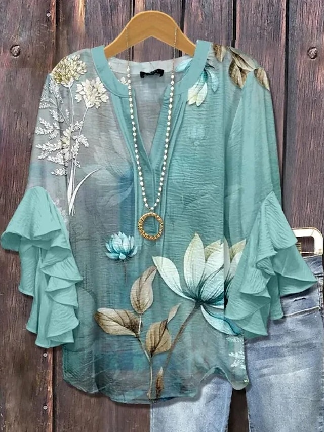  Damenbluse V-Ausschnitt Grafik Geometrisch Bohemia Vintage Täglich 3/4 Länge Ärmel Regelmäßige Oberteile Täglicher Urlaub Ferien Kleidung Druck Schwarz Weiß Gelb Grün Khaki Sommer Frühling Herbst