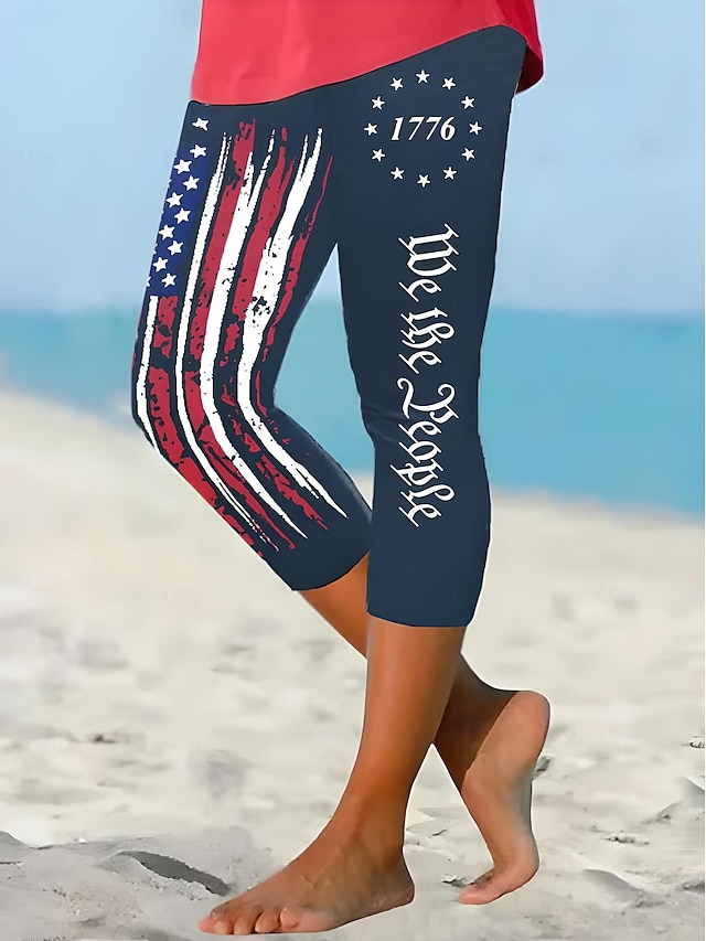  Independensdagen Kvinnors Patriotiska Fjärde Juli Leggings Capri Byxor Hög Elasticitet Ankellång MidjaByxorAmerikansk Flagga Amerikansk Flagga Nationell Flagga Tryck Termisk Varm Andningsbar Mjuk