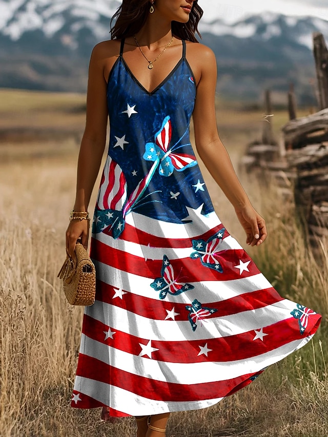  Women's Patriotic  Maxi Dress A Line Dress Slip Dress Vacation Casual Daily Holiday Regular Fit Graphic American Flag Sleeveless V Neck Spaghetti Strap