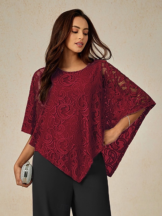  Damen Bluse Elegante Oberteile Einfach Elegant Halbarm Rundhalsausschnitt Normale Oberteile Hochzeitsgast Täglich Spitze Patchwork Geschichtet Wein Sommer Frühling