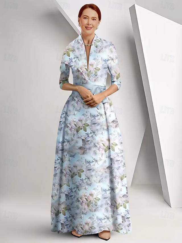  Mor til bruden A-Line Kjole Elegant Queen Anne Utringning Gulv-lengde Sateng 3/4 lengde ermer med Sløyfe(r) Race Day kjole Bryllupsgjest Kjole