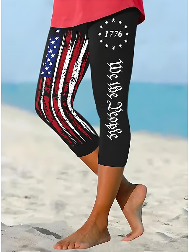  Independensdagen Kvinnors Patriotiska Fjärde Juli Leggings Capri Byxor Hög Elasticitet Ankellång MidjaByxorAmerikansk Flagga Amerikansk Flagga Nationell Flagga Tryck Termisk Varm Andningsbar Mjuk