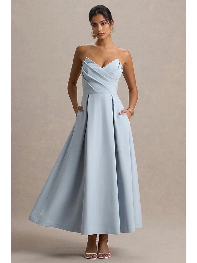  Abiti da cocktail a trapezio, eleganti, abiti da cerimonia, da sposa, lunghezza tè, midi, senza maniche, scollo a cuore, in crêpe elasticizzata con pieghe e tasca 2025